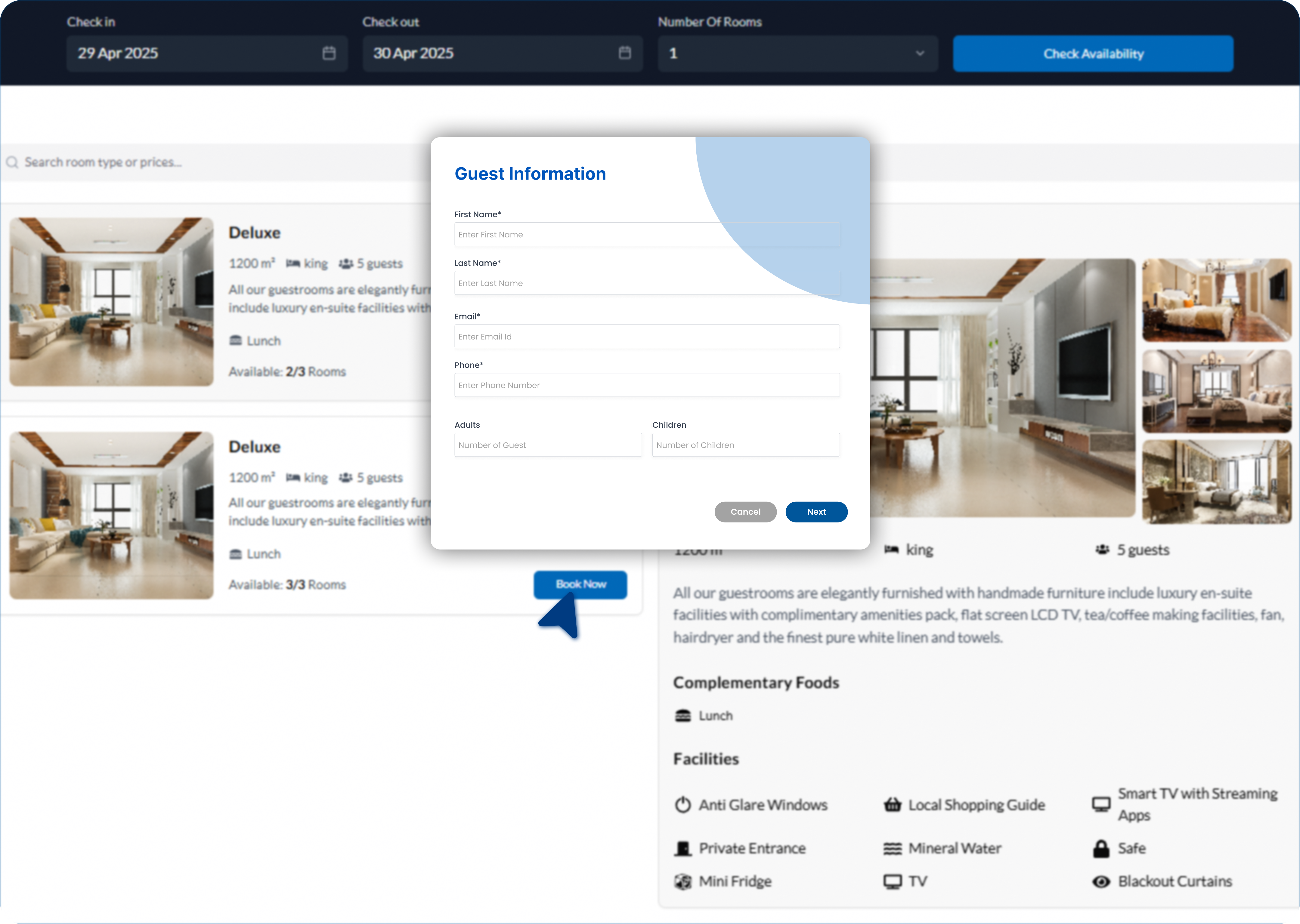 Booking management interface displaying calendar, room availability, and reservation details