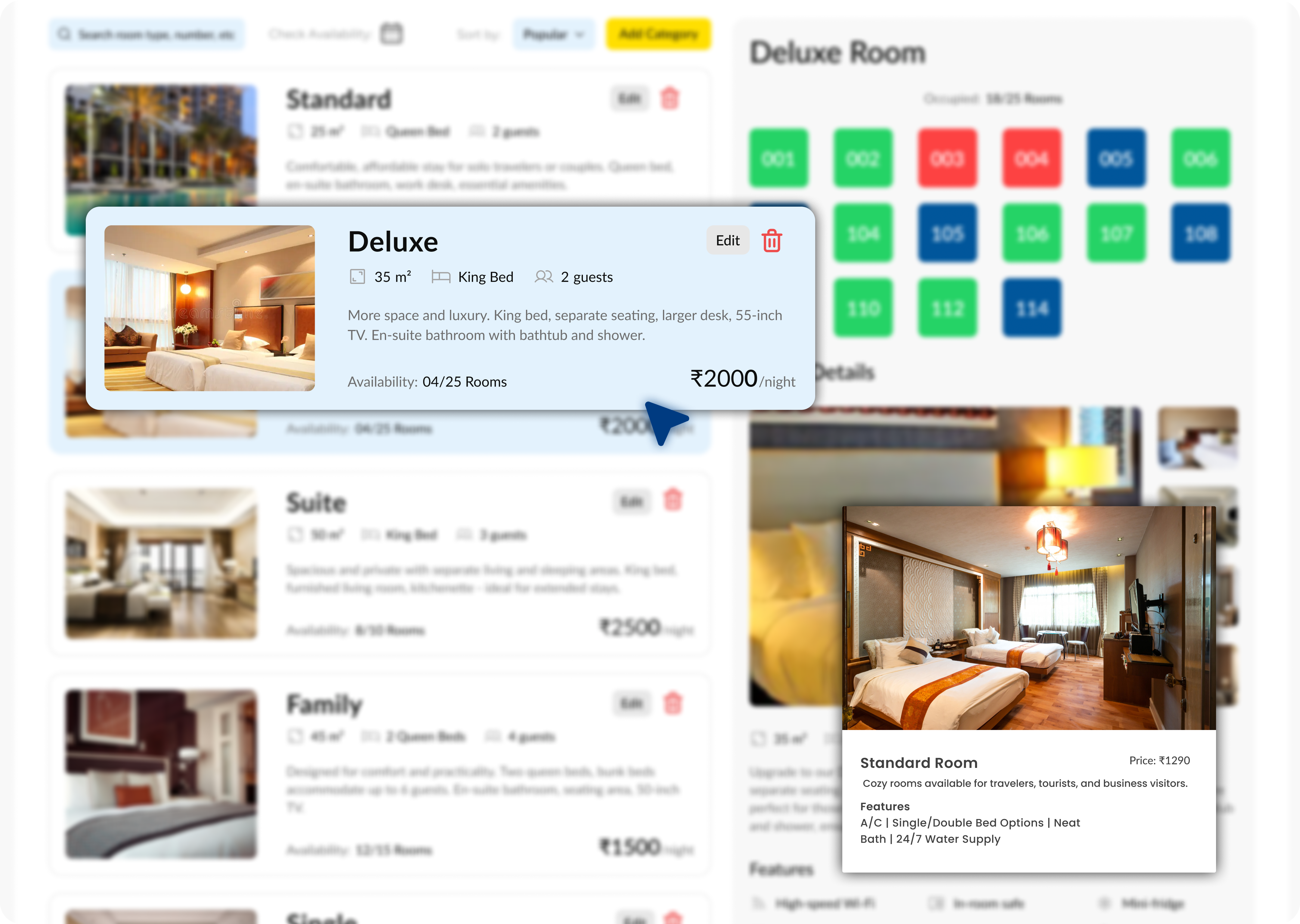 Room management dashboard showing room status, occupancy, and maintenance schedule